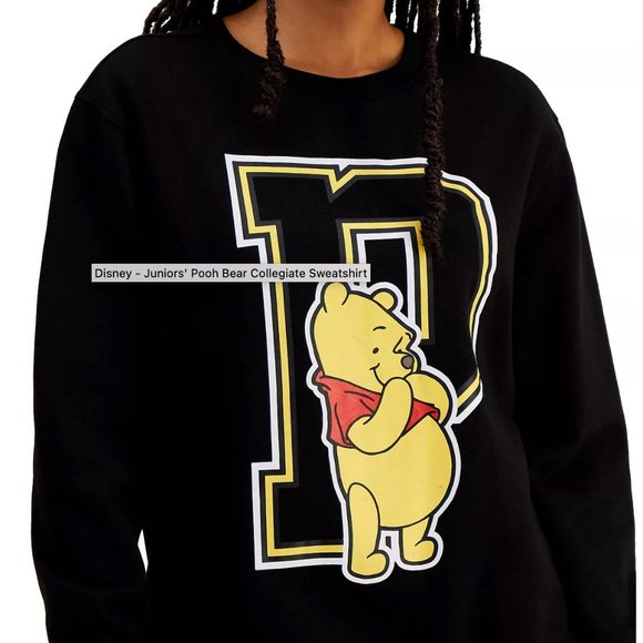 NWT Pooh Bear Collegiate Sweatshirt Juniors M Black Crew Neck Long Sleeve Disney - Picture 2 of 2